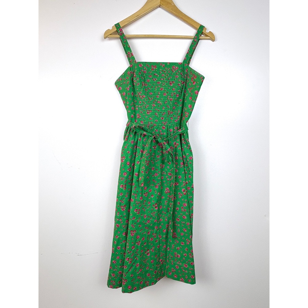 Lanz Original Vintage Green Pink Floral Rose Midi Dress Size 5/6 Cottagecore